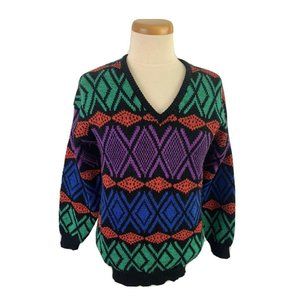 Vintage 80s Pronto Moda Women's S Sweater Metallic Acrylic Geometric V-Neck
